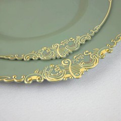 10 DUSTY SAGE GOLD 8″ Round Plastic Salad Dinner PLATES Embossed Baroque Rim