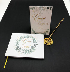 NEW Gold & Greenery Wedding Guest Book 7 x 9 inches | Pen & Table Sign | Resgi..