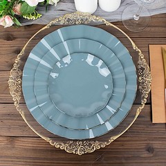 10 DUSTY BLUE 11″ Round PLASTIC Salad Dinner PLATES Gold Wavy Rim Wedding Party