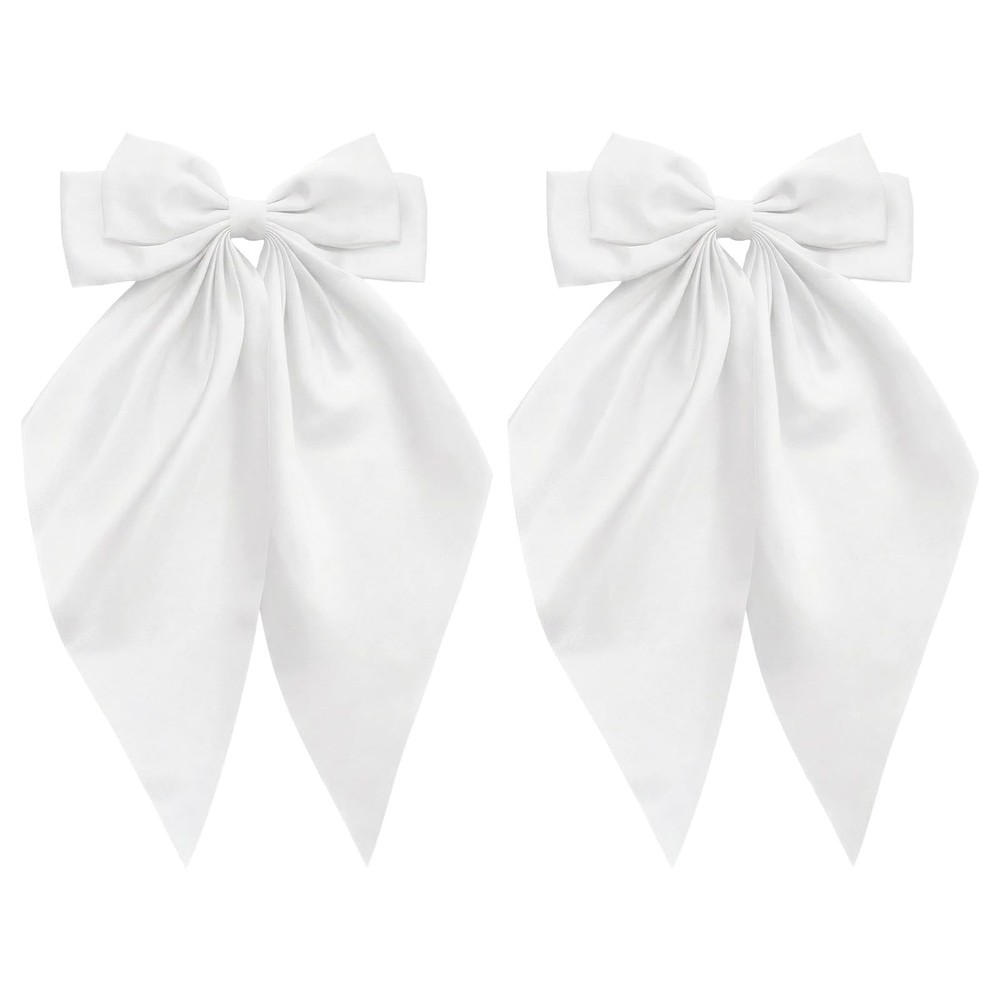 2pcs White Satin Long Tail Hair Bows Large Silky Ribbon Bowknot Hair Clips fo…