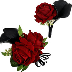 Red Rose Corsage and Black Calla Lily Boutonniere Set for Weddings and Prom