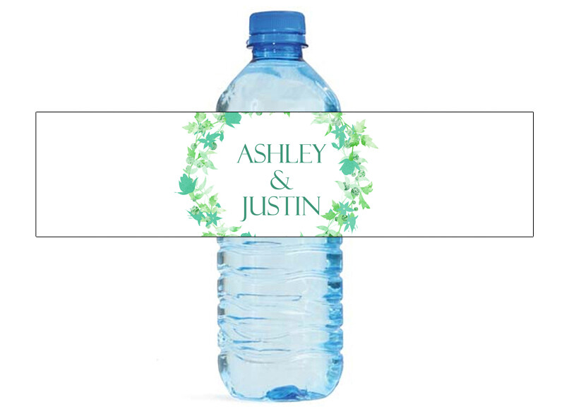 Green Floral Wreath Hearts on a vine Wedding Anniversary Water Bottle Labels