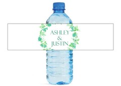 Green Floral Wreath Hearts on a vine Wedding Anniversary Water Bottle Labels