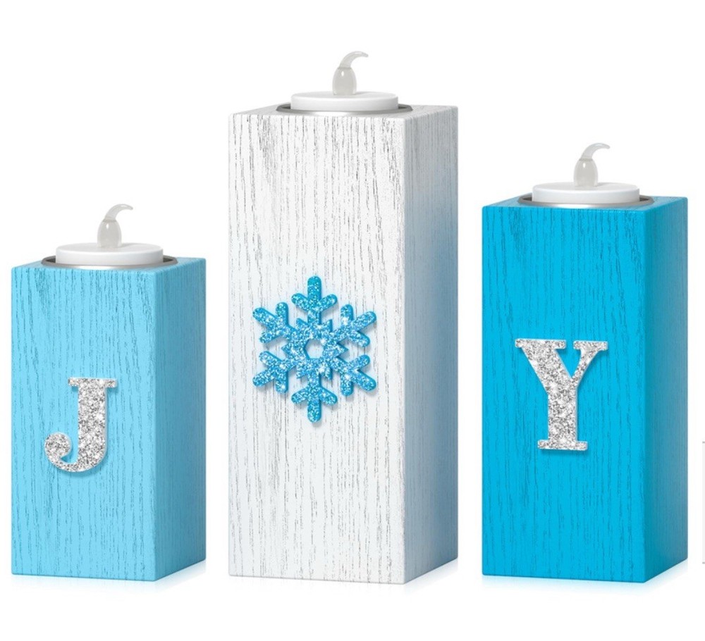 Charming Winter Wooden Tea Light Candle Holders JOY Snowflake w/Tea Lights NEW