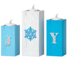 Charming Winter Wooden Tea Light Candle Holders JOY Snowflake w/Tea Lights NEW