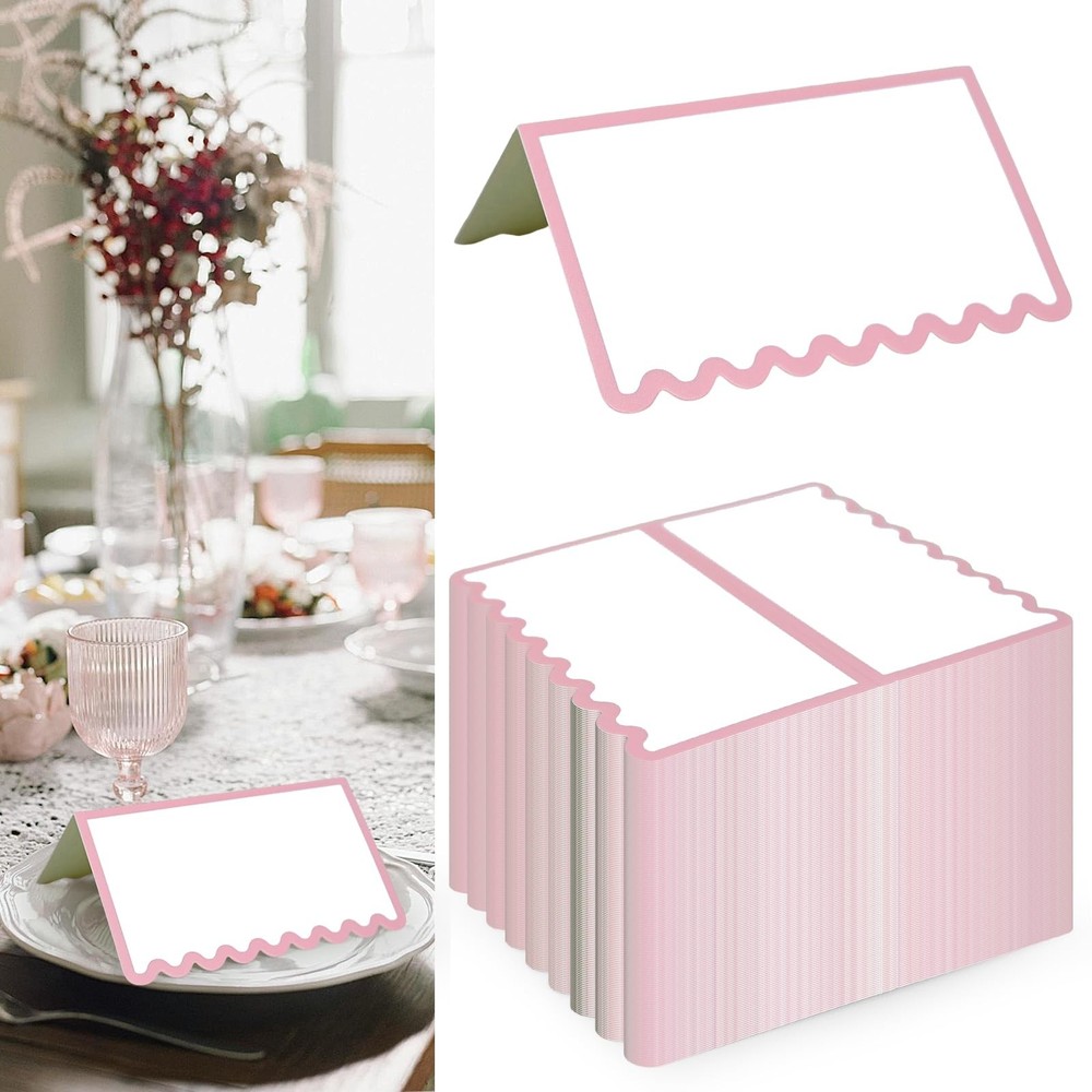 150 PCS Pink Blank Scalloped Tent Place Name Cards Table Setting 2×3.5 In