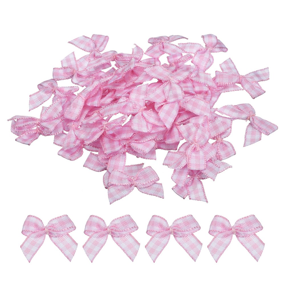 100Pcs Mini Gingham Ribbon Bow 1″ Checkered Ribbon Bows Pink and White