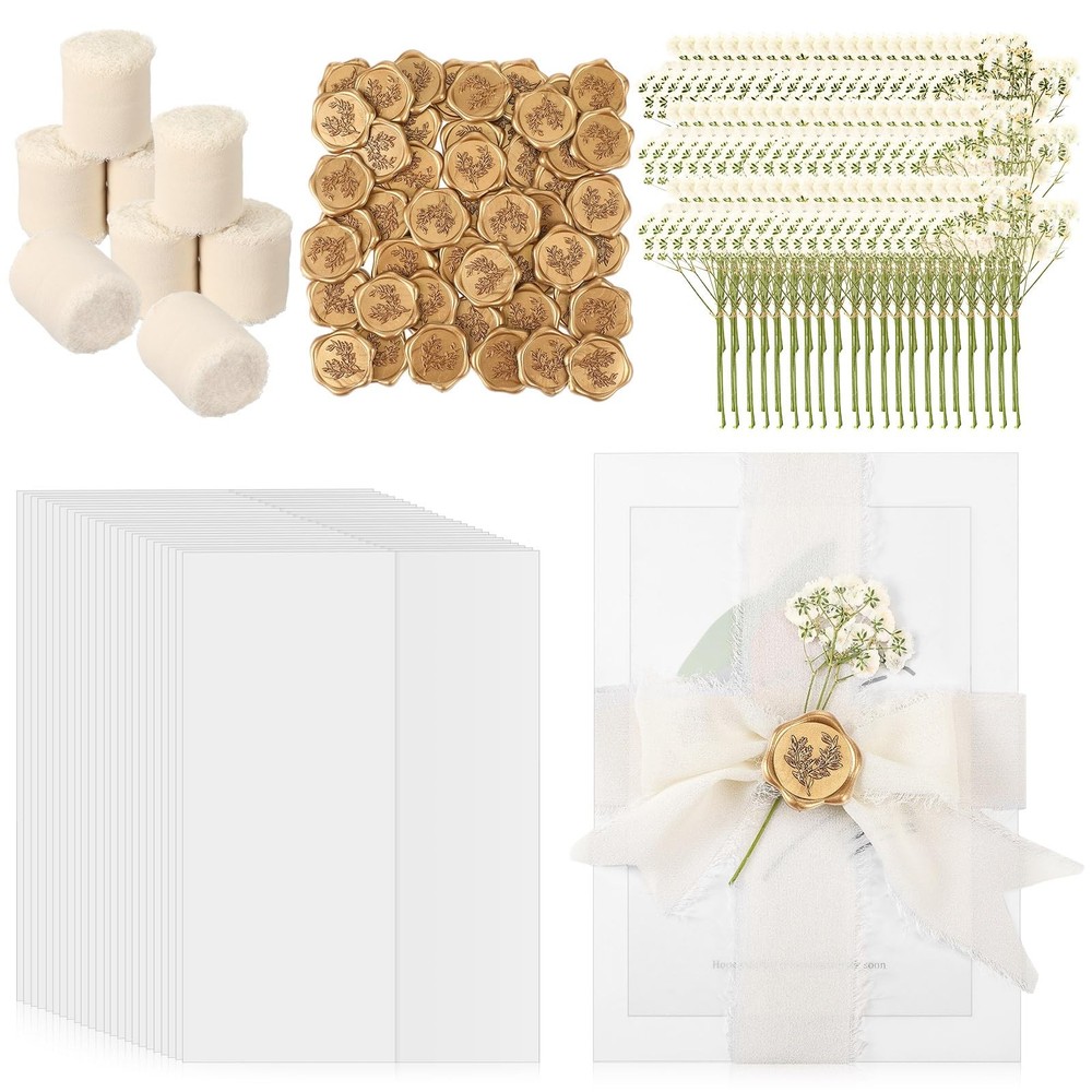 Fuyoooo 50 Set Wedding Invitations Wraps Pre Classic Style, Beige, Gold