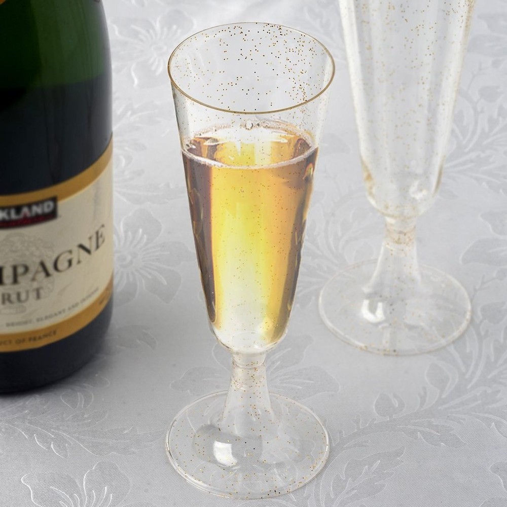 5 oz Plastic Gold Glittered Clear Champagne GLASSES Tableware Party Wedding