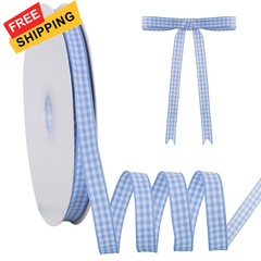 TONIFUL 3/8 Inch x 50 Yards Gingham Buffalo Checkered Ribbon Light Blue blue
