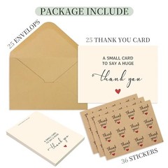 25 Pack 350GSM, Thank You Cards with Envelopes & Matching Stickers, Thank You