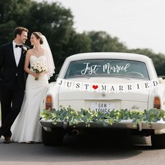 Just Married Car Decorations Kit Wedding Car Decor with Artificial White Roses