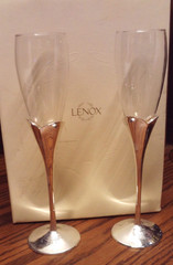 LENOX Wedding Promises Heart Flute Glass Pair Bride-Groom Stem Silver-Plate 281