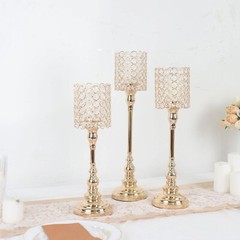 3 Gold Crystal Beaded Metal Goblet Votive CANDLE HOLDERS Centerpieces Events