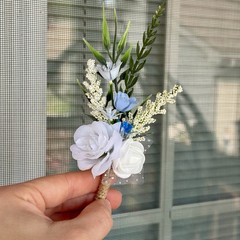 Lot Of 6 Light Blue/White Mini Boutonnieres For Men/Grooms Artificial Flowers