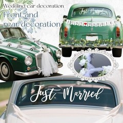 Just Married Car Decorations Kit Wedding Car Decor with Artificial White Roses