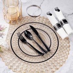 350 Piece Plastic Dinnerware Set for Party, Clear 350 Piece (50 guests) Black