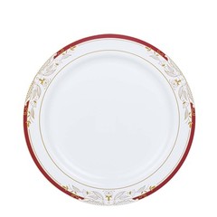 White Round 10″ Salad Plates Red Gold Trim Party Catering Disposable Supplies