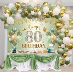 Happy 80th Birthday Backdrop for Women Men Sage Green Gold Balloons Photograp…