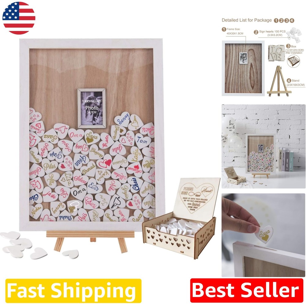 Rustic Wedding Guest Book Drop Top Frame, 100 Wooden Hearts, White Wood