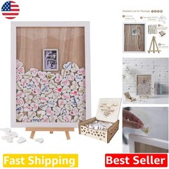 Rustic Wedding Guest Book Drop Top Frame, 100 Wooden Hearts, White Wood
