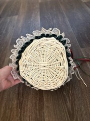 White Flower Girl Heart Shaped Woven Basket Lace Roses Beaded Ribbon Cottagecore