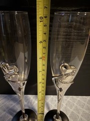 Wedding Champagne Glass Set Of 2 Silver Toasting Flute Glasses Rhinestone Heart