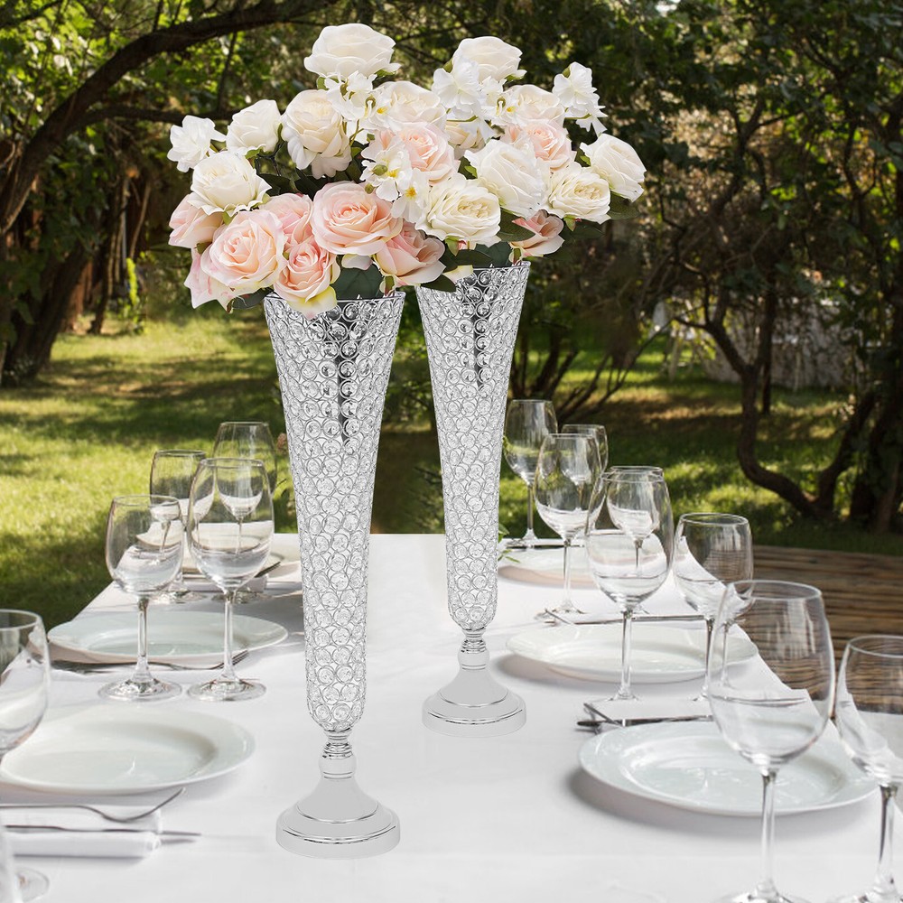 2 pcs Silver Wedding Table Crystal Flower Stand For Anniversary Ceremony Party