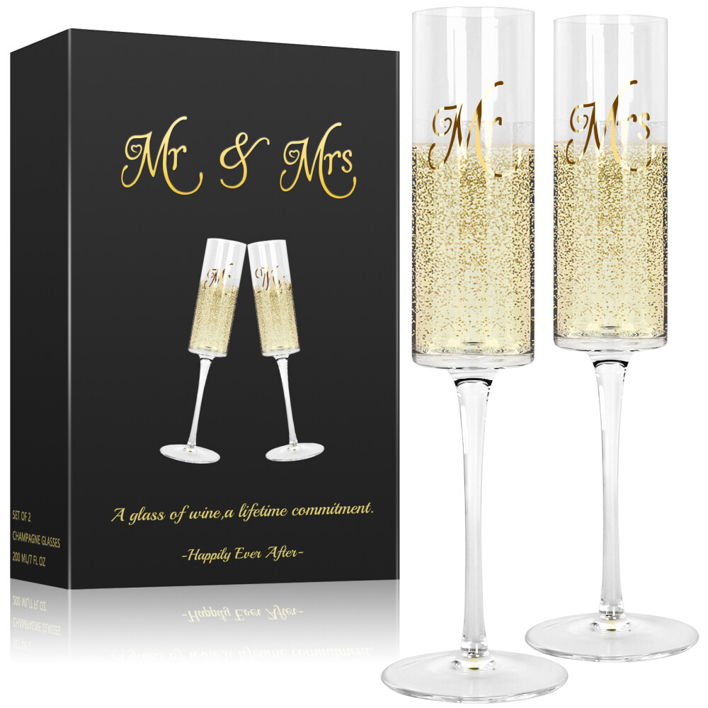 Mr & Mrs Champagne Flutes Set of 2, 7.1Oz Crystal Glassware for Engagement Party