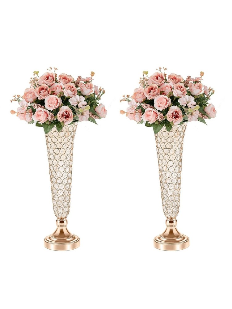2 Pcs Crystal Trumpet Vases Set Tall Gold Centerpiece for Wedding Party Decor
