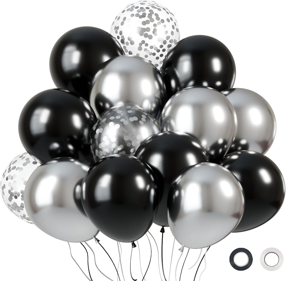 KBZVNAF Black and Silver Latex Balloons – 60 Pack 12 inch Black Metallic Silver