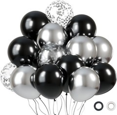 KBZVNAF Black and Silver Latex Balloons – 60 Pack 12 inch Black Metallic Silver