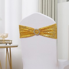 Pack of 50 Spandex Sequins Chair Sashes Gold Chair Bands with Buckles, Chairs