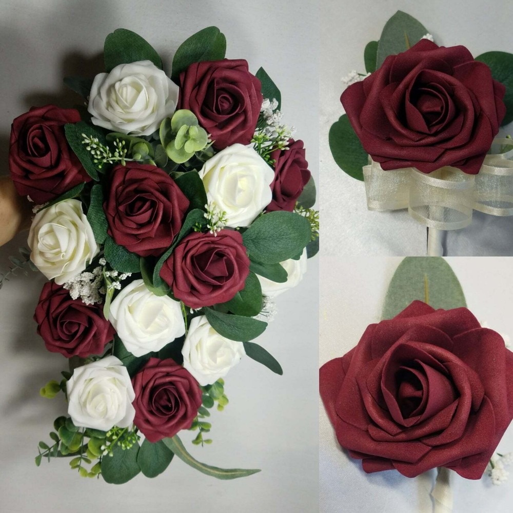 Burgundy Ivory Rose Eucalyptus Faux Foam Bridal Wedding Bouquet Accessories