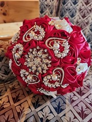 Bridal bouquet of Heart Rhinestones Red & White Roses satin flower