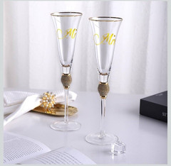 KOWLOON Mr & Mrs Crystal Wedding Toasting Flutes Rhinestones Gold Rim