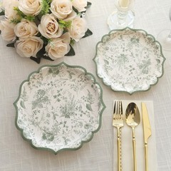 25 WHITE SAGE GREEN 10″ Floral Leaf Print Paper PLATES Scalloped Rim Party Event