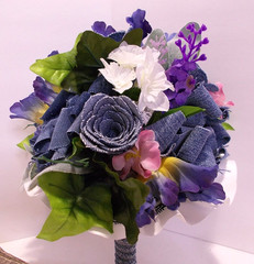 Denim Bridal Bouquet Roses w Spring Flowers & Denim Rose Corsage Country Wedding