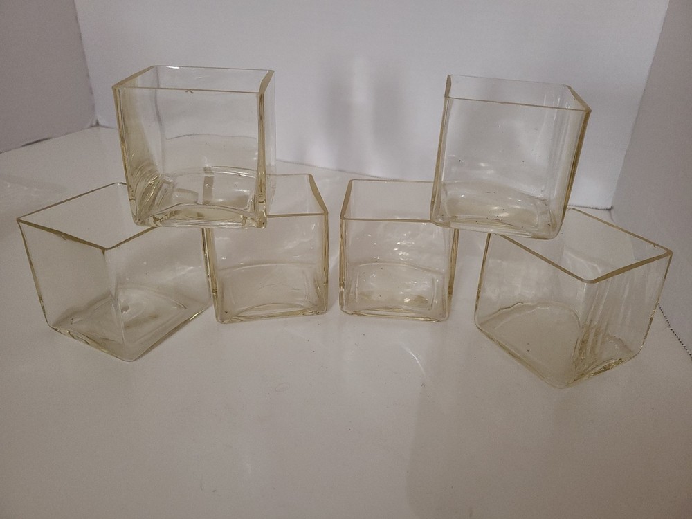 VTG Set Of 6 Glass Square Candle 2.5″ Amber Tint Clear MCM Glasses Bar Raw Edge