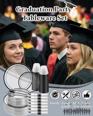 3Pcs Clear Disposable Plastic Party Plate Cup Napkin Sets | 50 Black