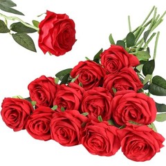 12PCS Artificial Silk Flowers Realistic Roses Bouquet Long 12Pcs Flowers Red