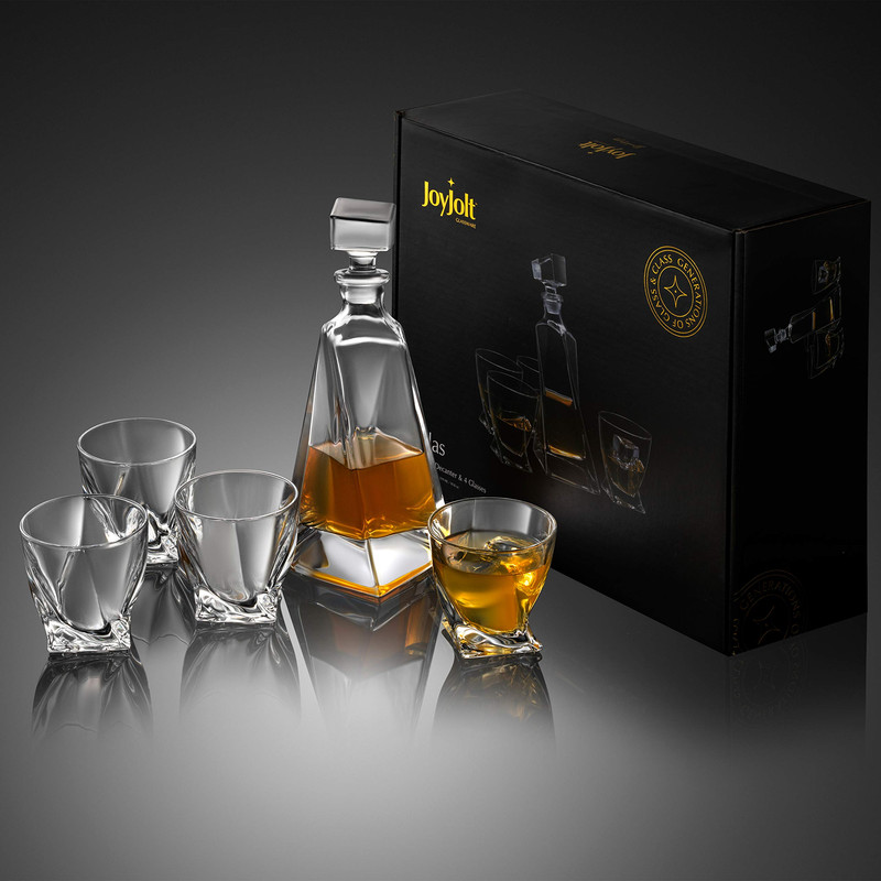 Joyjolt Atlas 5-Piece Luxury Crystal Whiskey Decanter Set 22 Oz Decanter 4 X