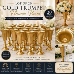 Lot of 20 Gold Trumpet Flower Vases Centerpieces Wedding Event Decor 13” Tall