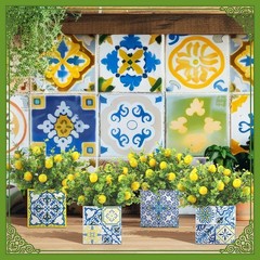 Blue Tile Lemon Centerpiece Decor – Amalfi Coast Style Box with Artificial Lemon