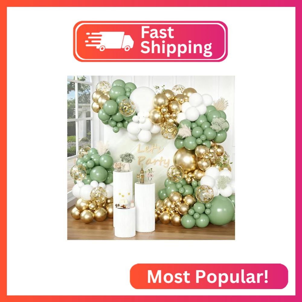 Sage Green Balloons Arch Kit,148pcs 18/12/10/5inch Sage Green White Metallic Gol