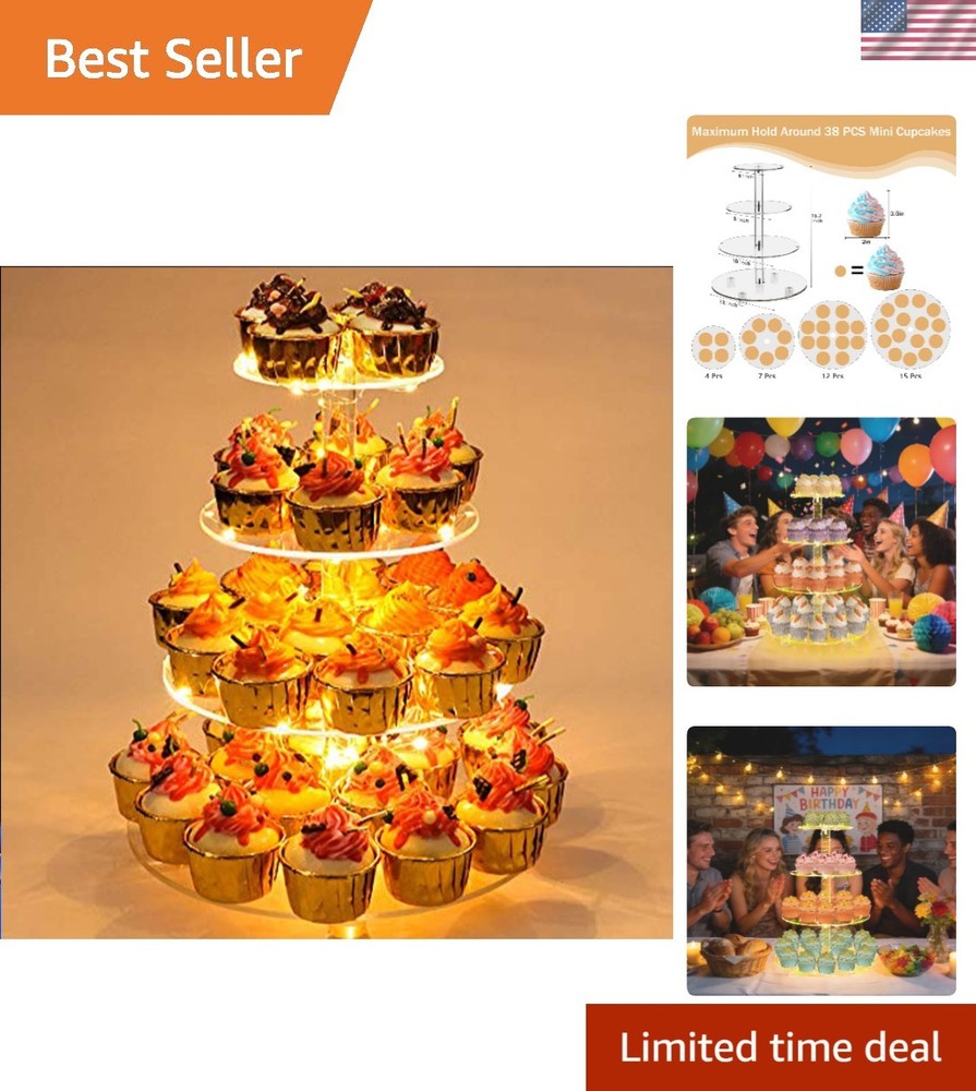Durable Yellow 4-Tier Round Cake Stand Display with LED Lights for Celebrations
