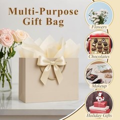 Gift Bags Medium with Handles with Ribbon 1 count (Pack of 1) Champagne Beige