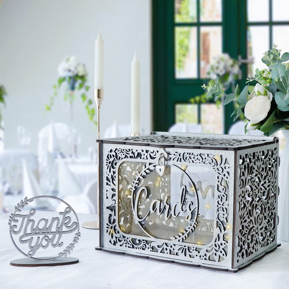 Silver Wedding Card Box with Lock, Wooden Gift Card Box for Wedding Reception…