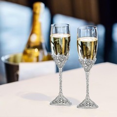 Popgege Wedding Champagne Flutes Set of 2 – Metal Base With Crystal Stones,