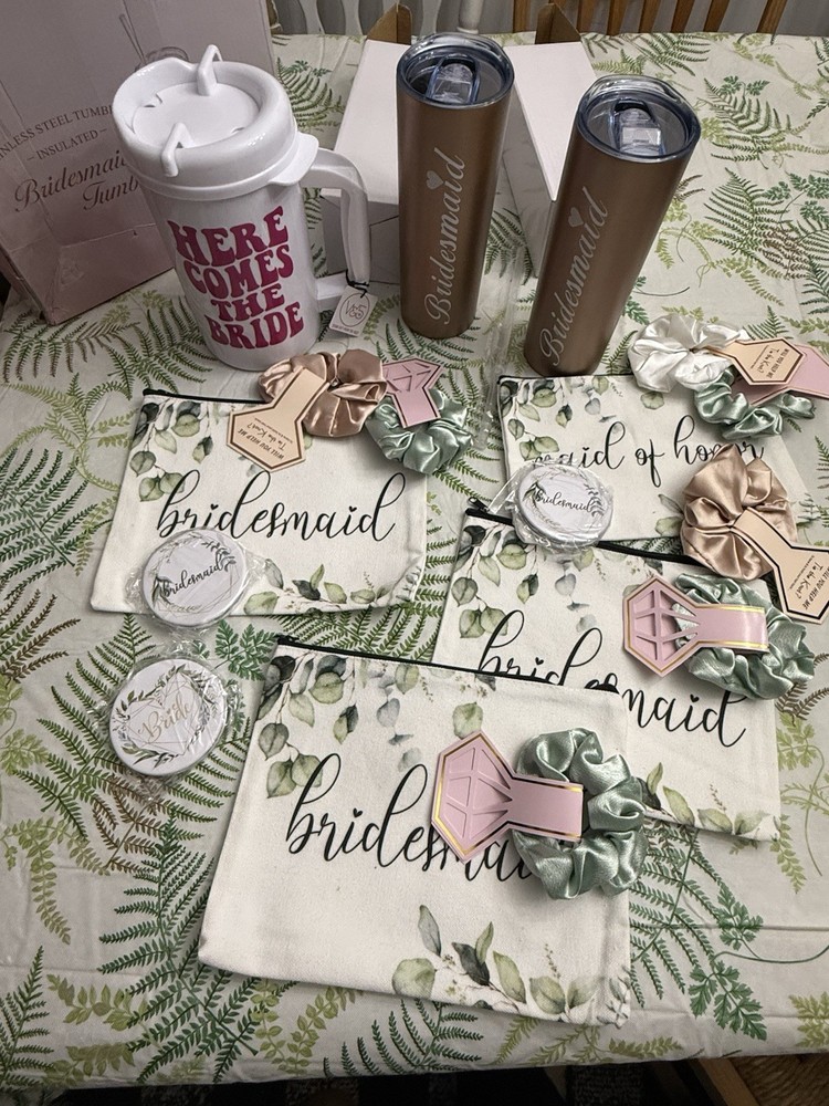 Bridesmaid Gift Set Tumblers Makeup Bags Scrunchies Bride Cup Wedding Party